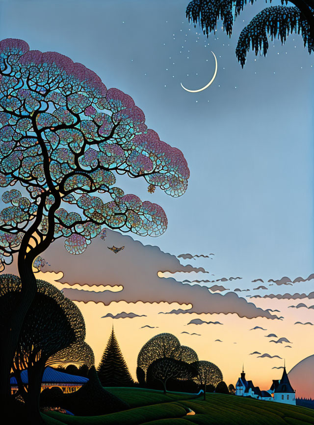 Serene landscape at dusk with silhouetted trees, crescent moon, stars, flying plane