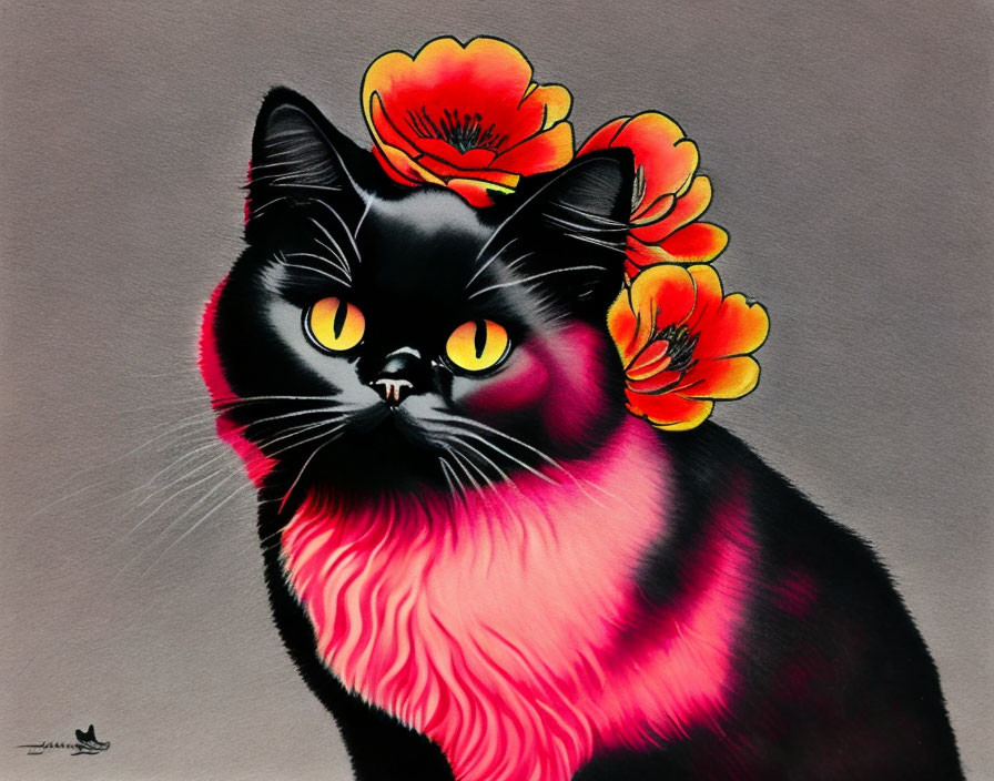 Stylized black cat illustration with yellow eyes and pink highlights