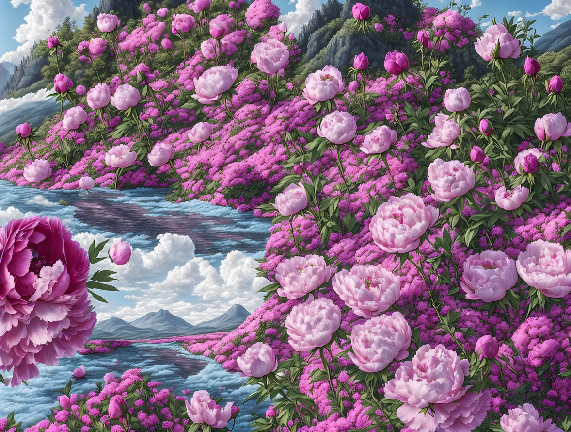 Surreal landscape with oversized pink peony flowers by blue river