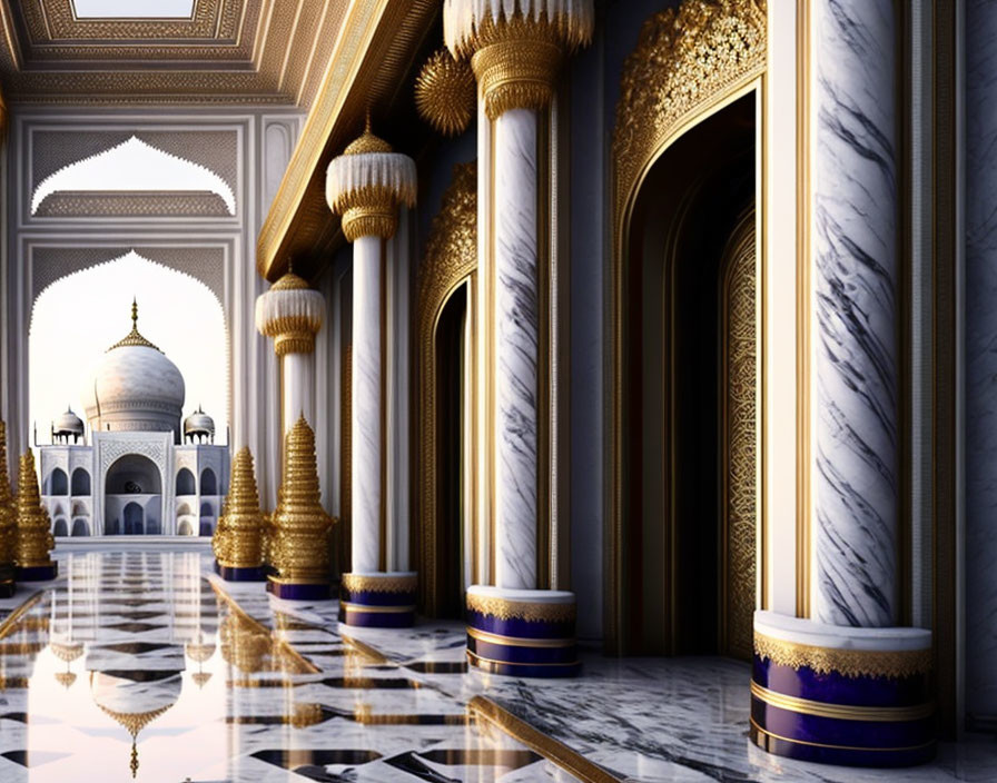 Luxurious interior with marble columns, gold details, arches, and distant white domed building view