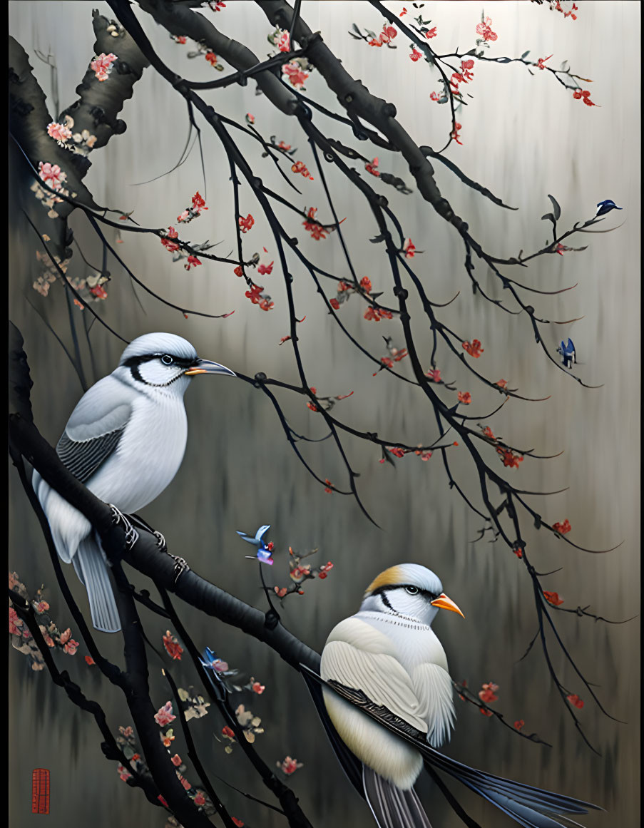 Stylized birds on branches with pink blossoms and blue butterflies in misty gray setting