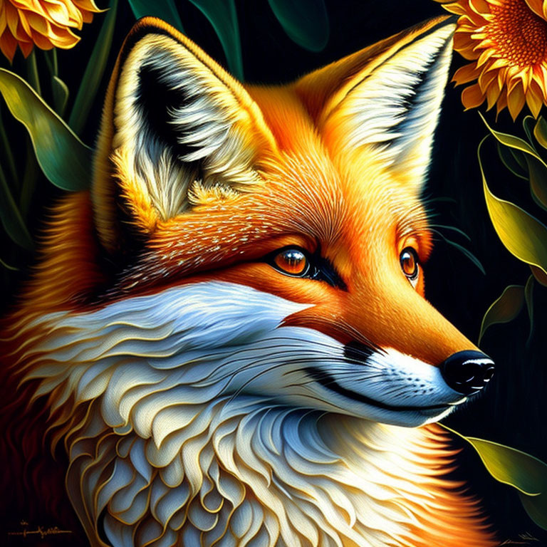 Detailed digital art of red fox in yellow flowers