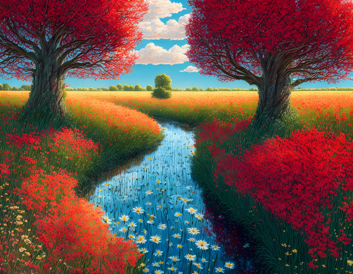 Scenic landscape: river, red-leafed trees, field of red flowers