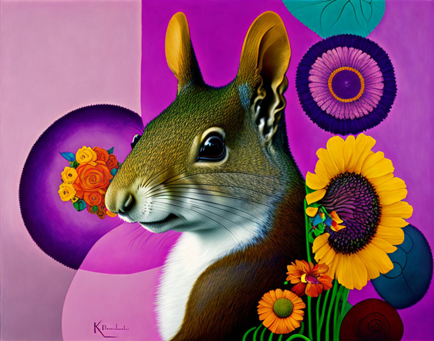 Colorful Squirrel Surrounded by Flowers on Purple Background