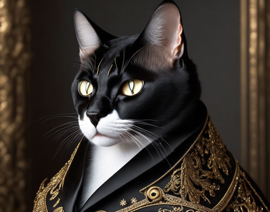 Black and White Cat in Golden Embroidered Cape with Yellow Eyes