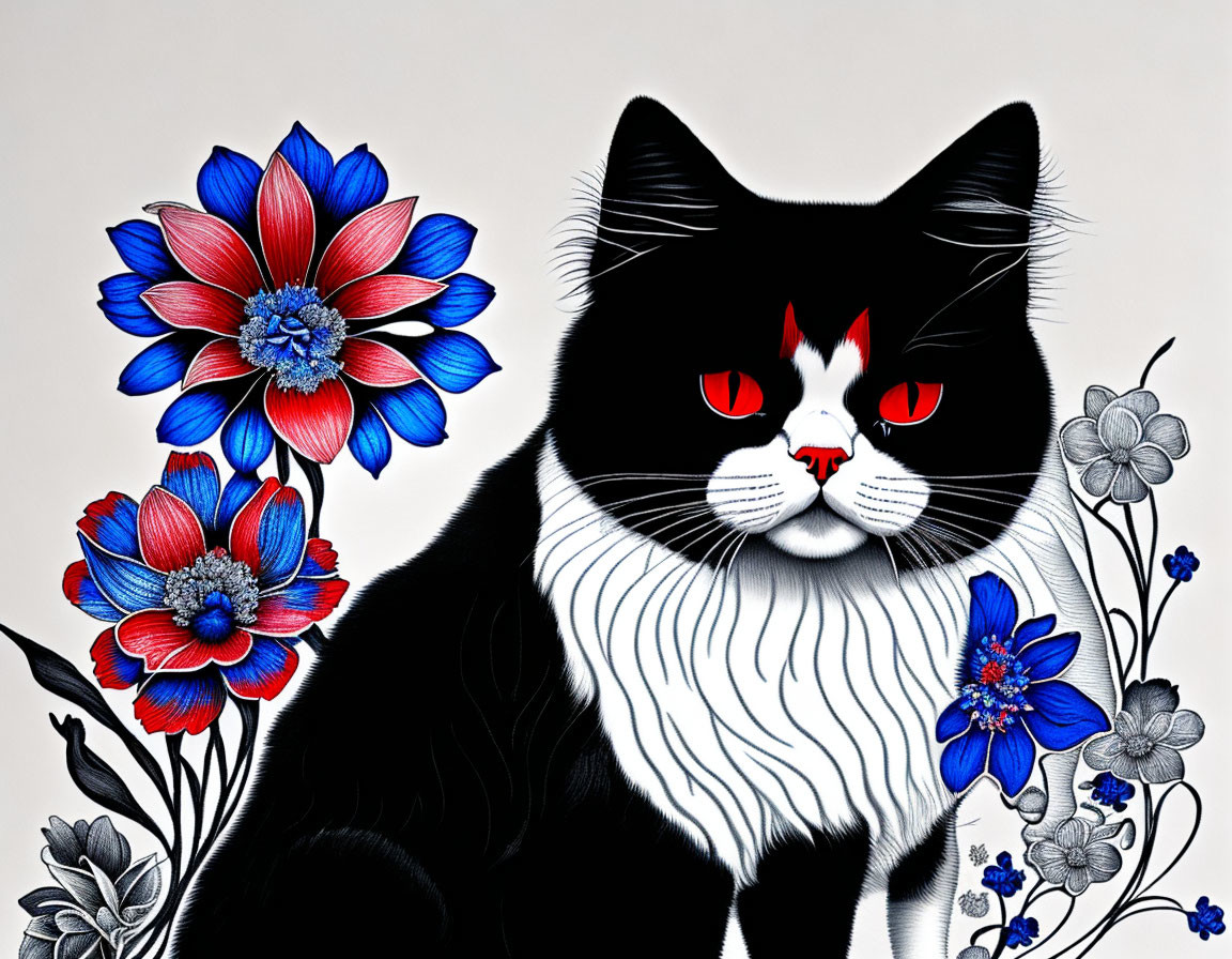 Stylized black and white cat with red eyes among red and blue flowers