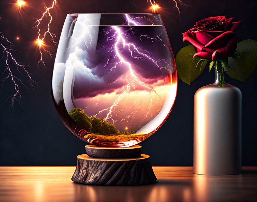 Stormy scene wine glass on wooden stand with red rose vase