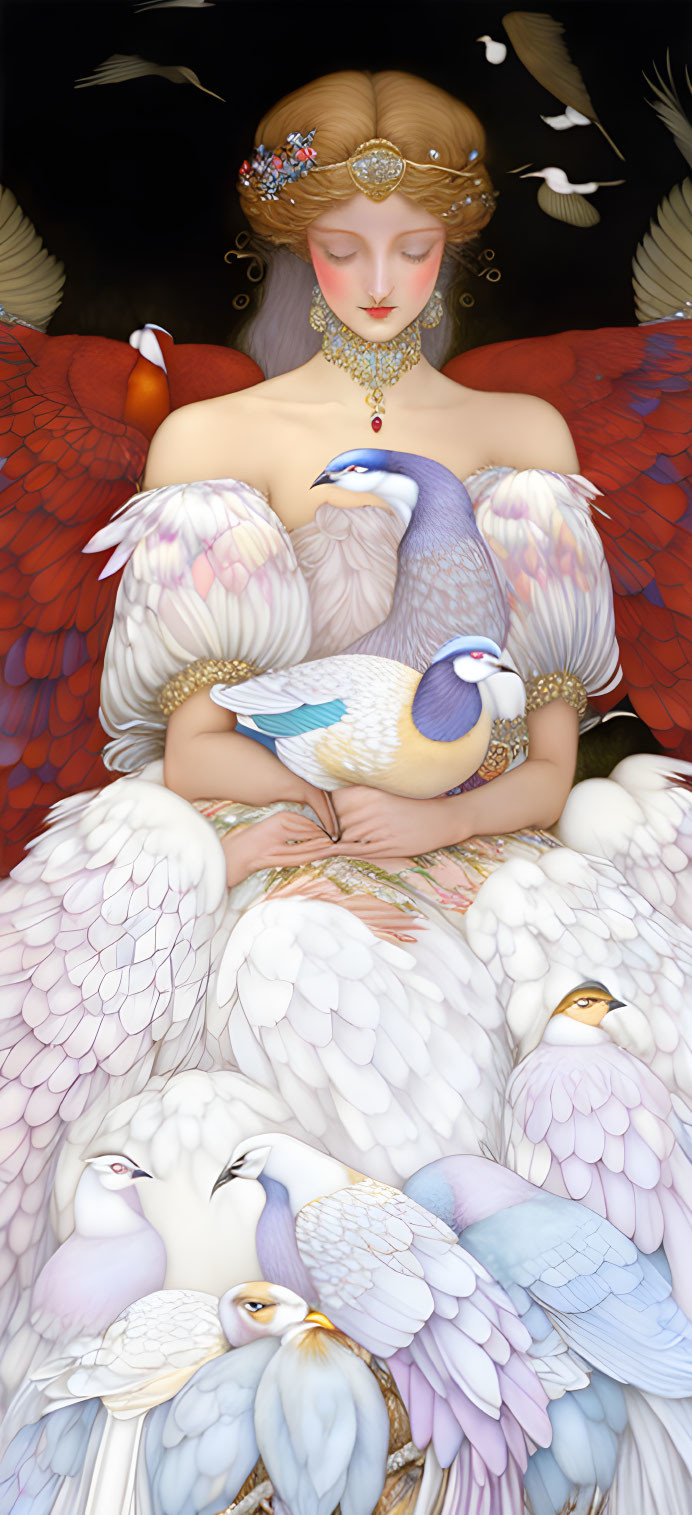 Detailed Illustration: Pale Woman with Red Lips Surrounded by Colorful Birds