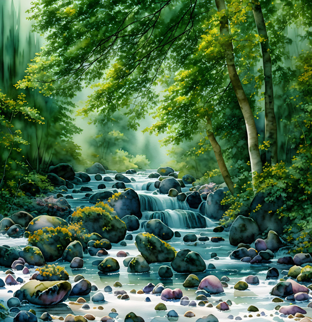 Tranquil forest stream with lush greenery and wildflowers