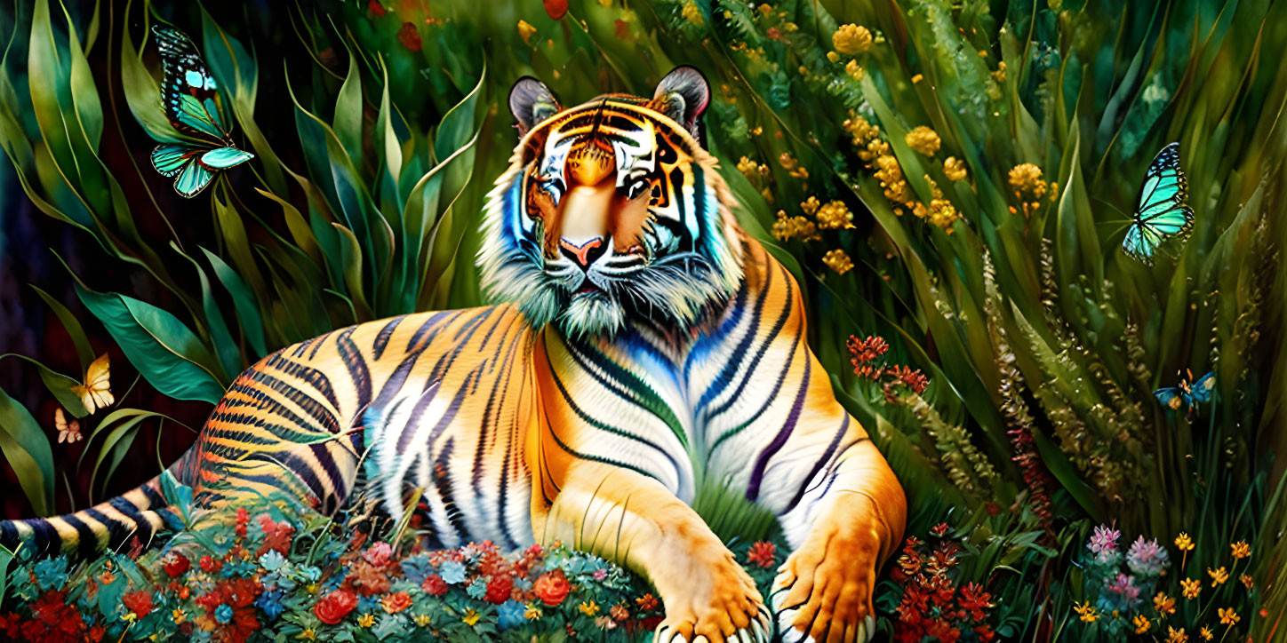 Colorful jungle scene: Tiger resting with butterflies and lush flora