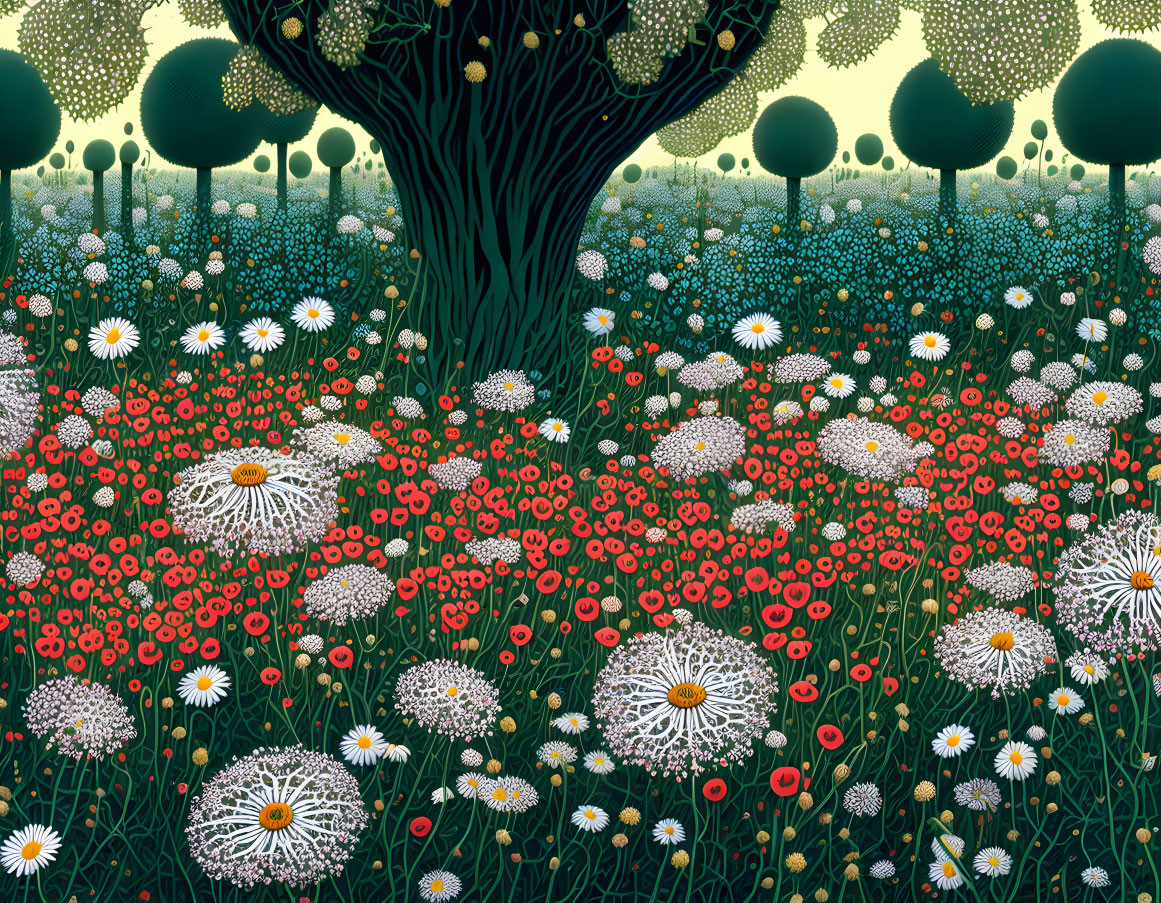 Whimsical garden illustration with stylized trees and red/white flowers