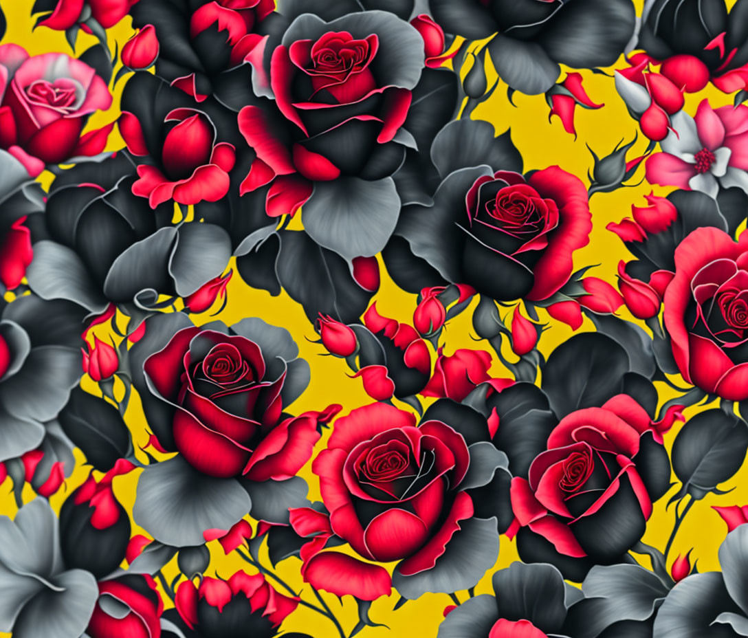 Red Rose Floral Pattern on Yellow and Gray Background