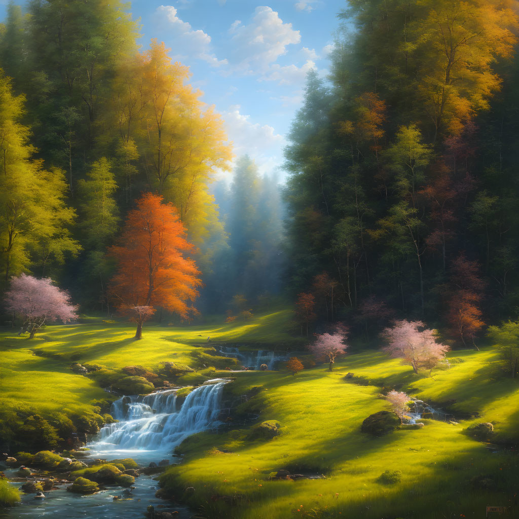 Tranquil landscape with waterfall, stream, greenery, autumn trees, and sunlight beams