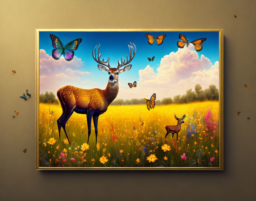 Vibrant framed artwork of majestic deer in colorful field with butterflies