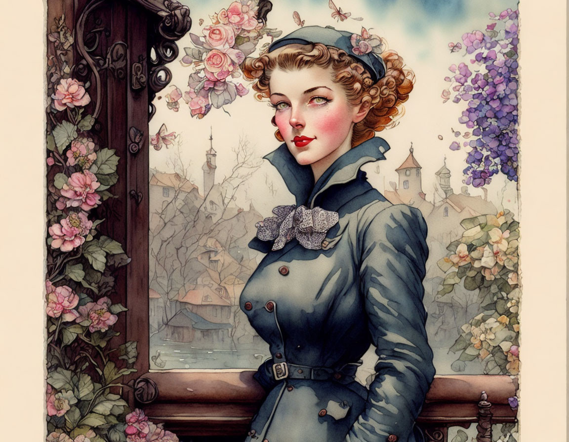 Vintage-style illustration of woman in blue coat with updo, surrounded by flowers and village.