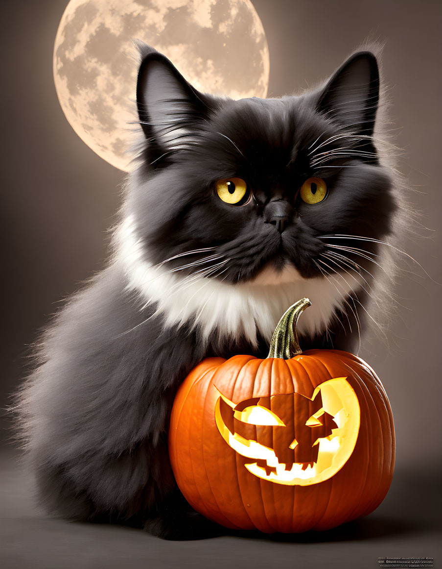 Black and White Cat with Carved Pumpkin and Full Moon for Halloween