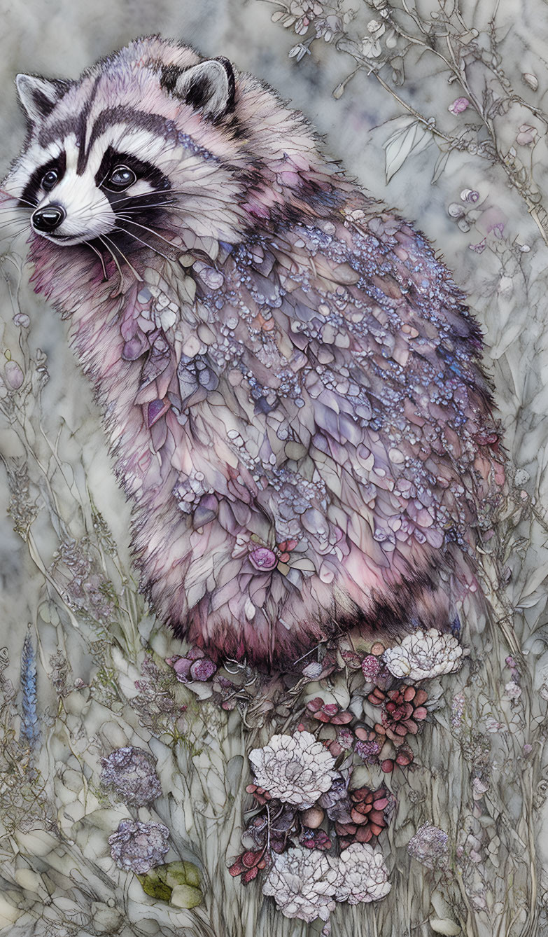 Pink and Purple Raccoon in Floral Setting