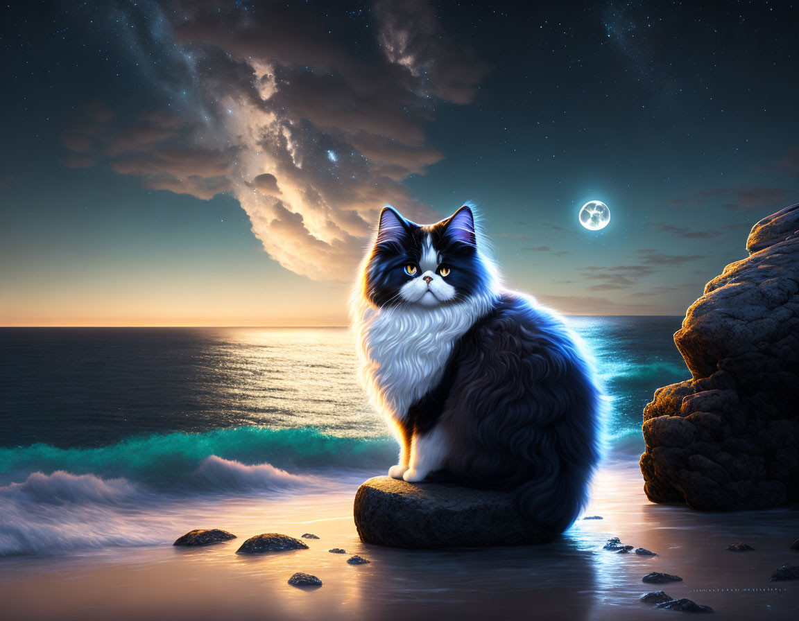 Fluffy Cat on Rock by Sea Under Crescent Moon