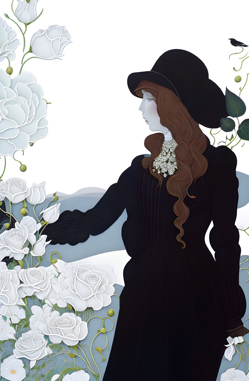 Stylized illustration of woman in black dress with hat among white roses