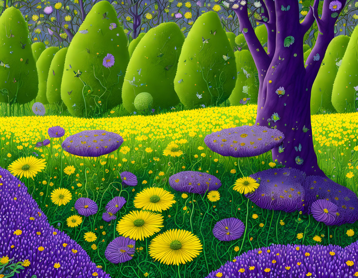 Colorful whimsical forest scene with purple trees and large mushrooms.