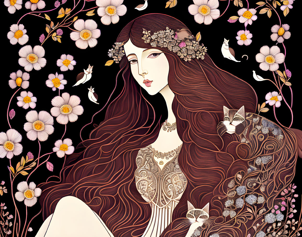 Detailed illustration of woman with brown hair, floral headband, surrounded by flowers and leaves, with peek