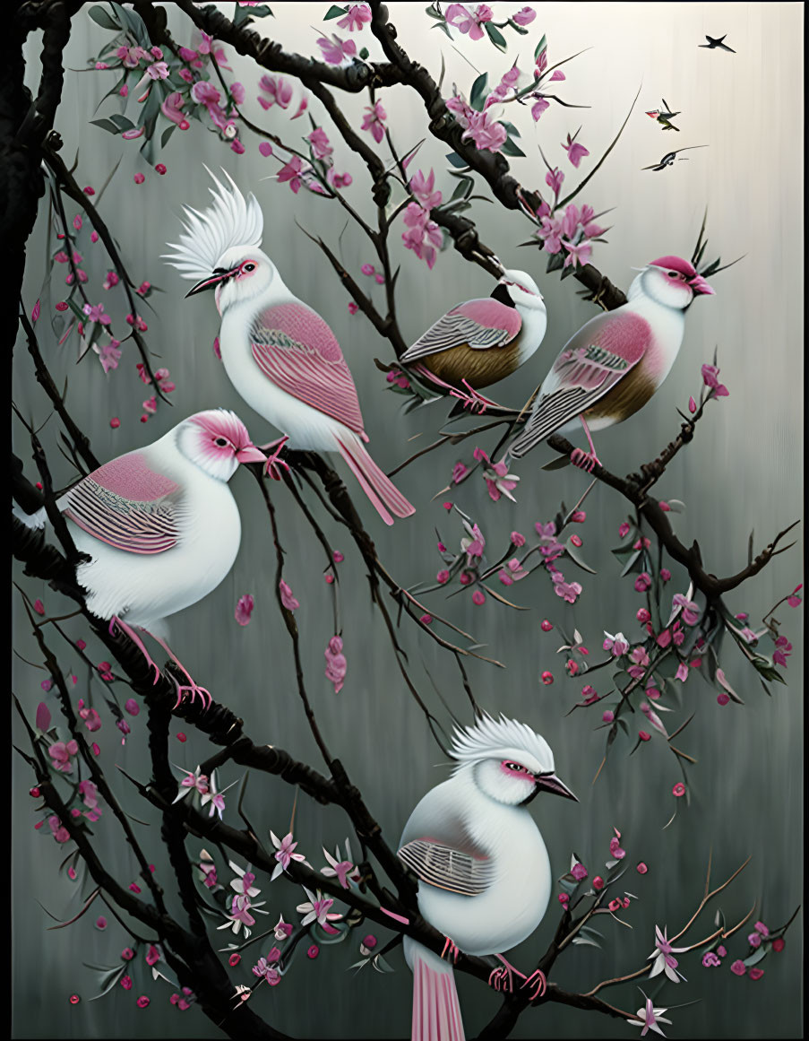 Pink and White Birds on Cherry Branches with Dragonflies on Gradient Background