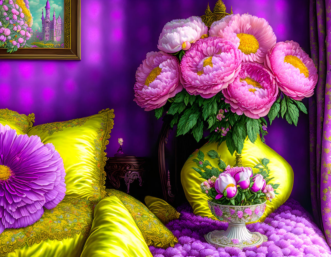 Colorful interior design with pink flowers, purple walls, and yellow textiles