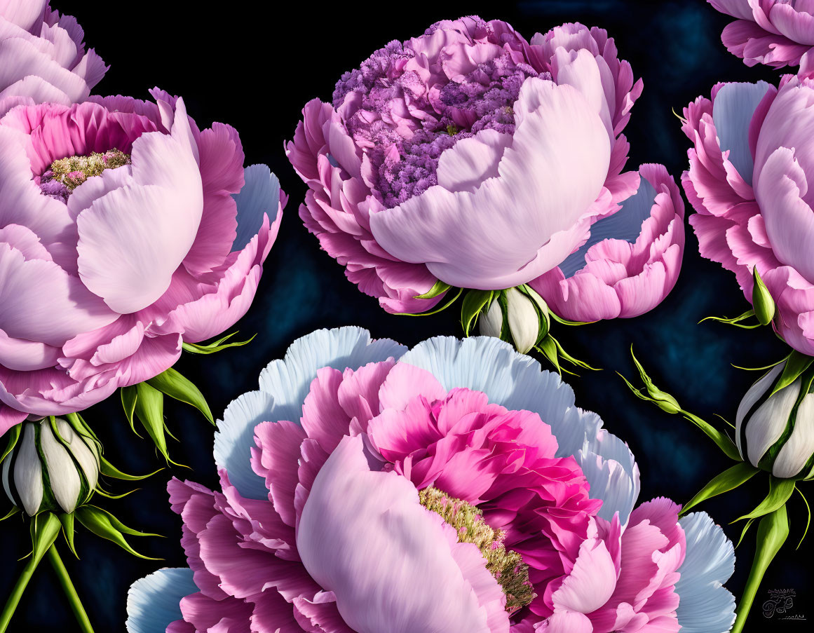 Colorful blooming peonies on dark blue backdrop