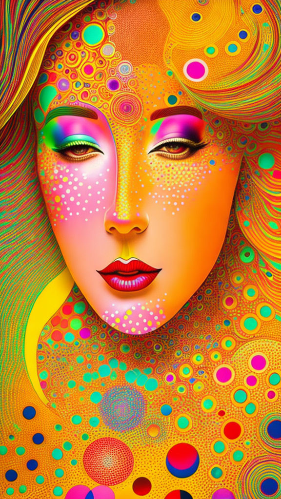 Colorful woman's face digital artwork with psychedelic patterns in oranges, yellows, and greens.