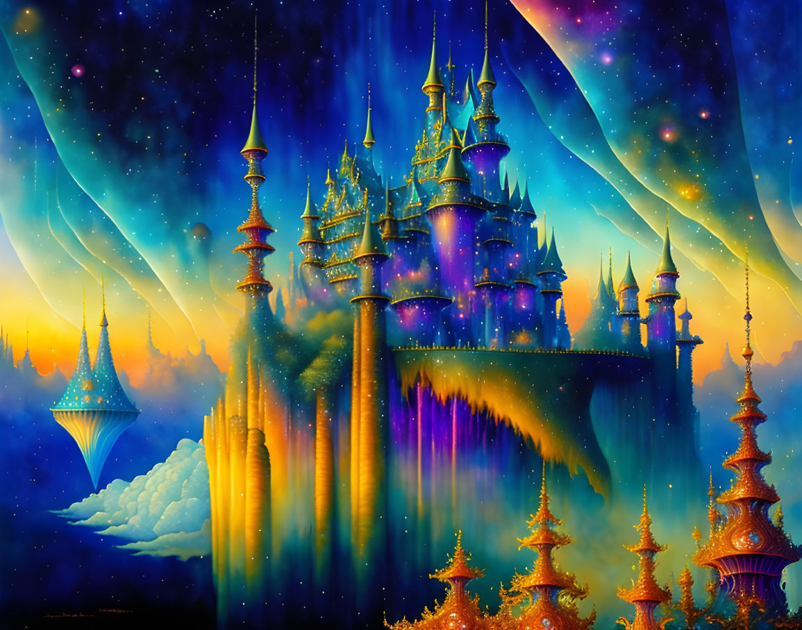 Vibrant celestial castle in stars with waterfalls & islands