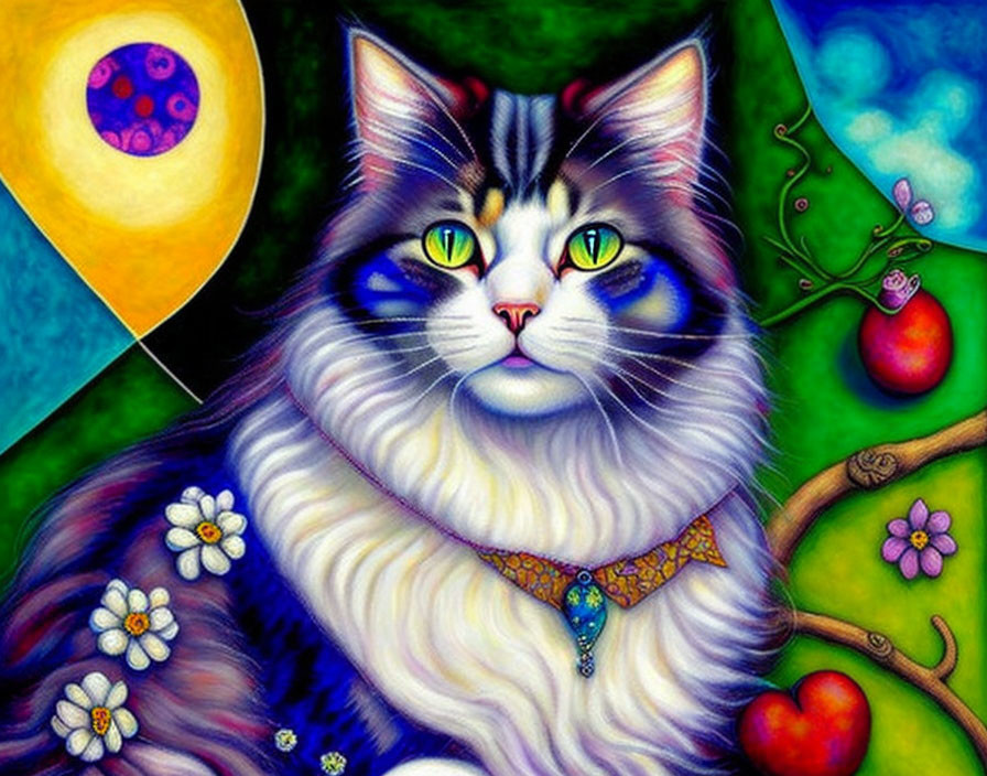 Colorful Whimsical Cat Surrounded by Apples, Flowers, Balloon, and Moon