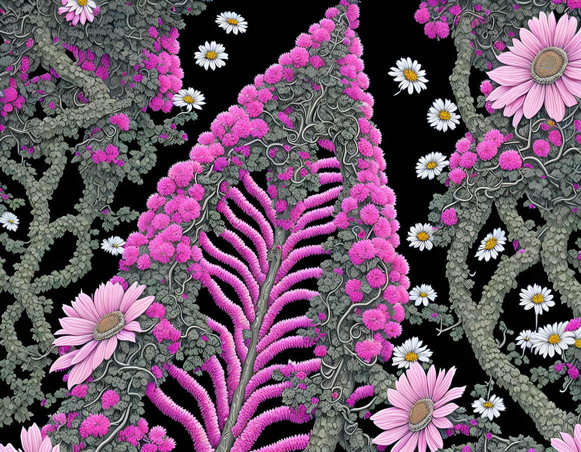 Detailed Floral Pattern: Vibrant Pink Clusters & White Daisies on Dark Background