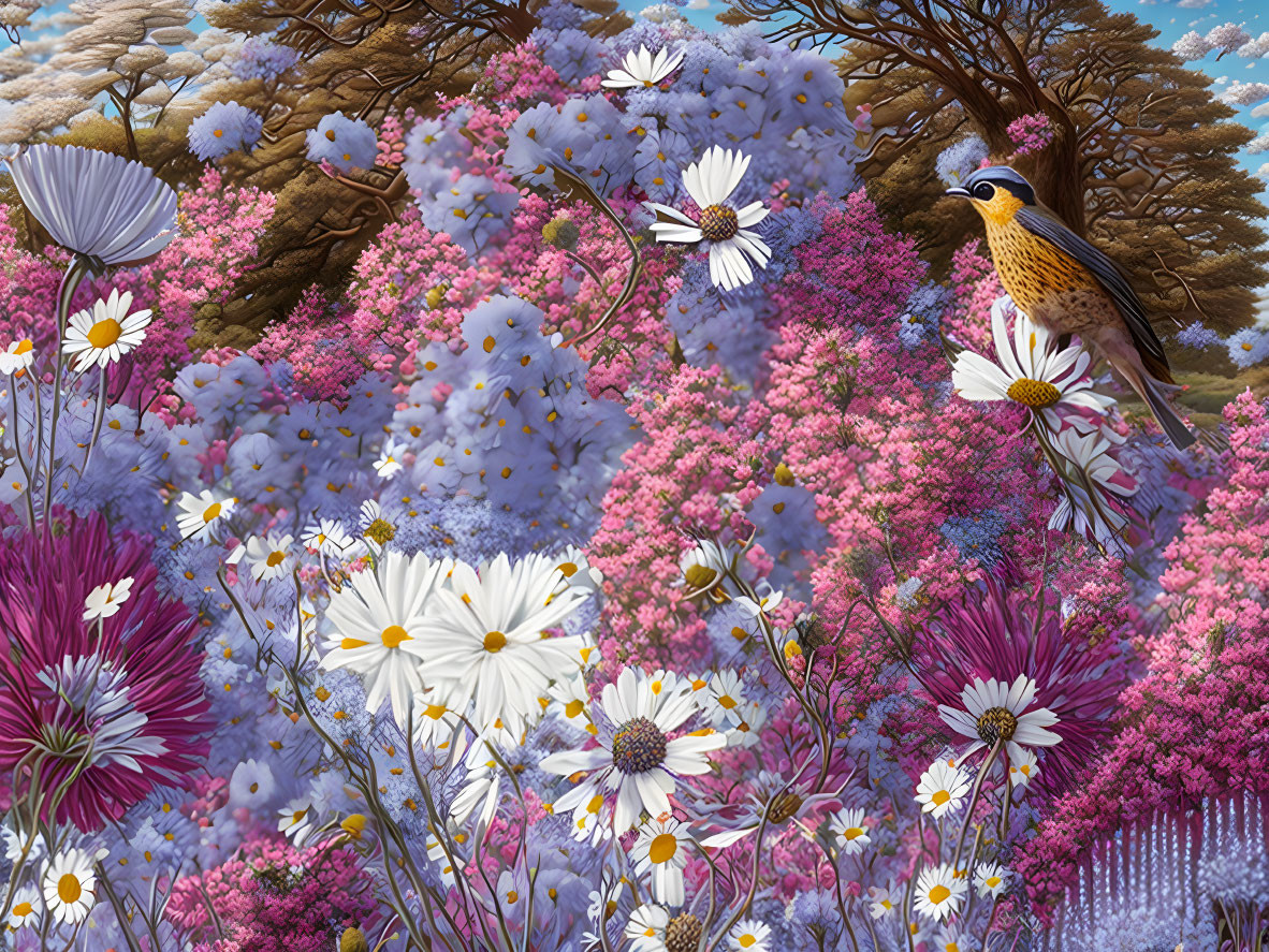 Colorful bird surrounded by blooming flowers and foliage on a fence backdrop