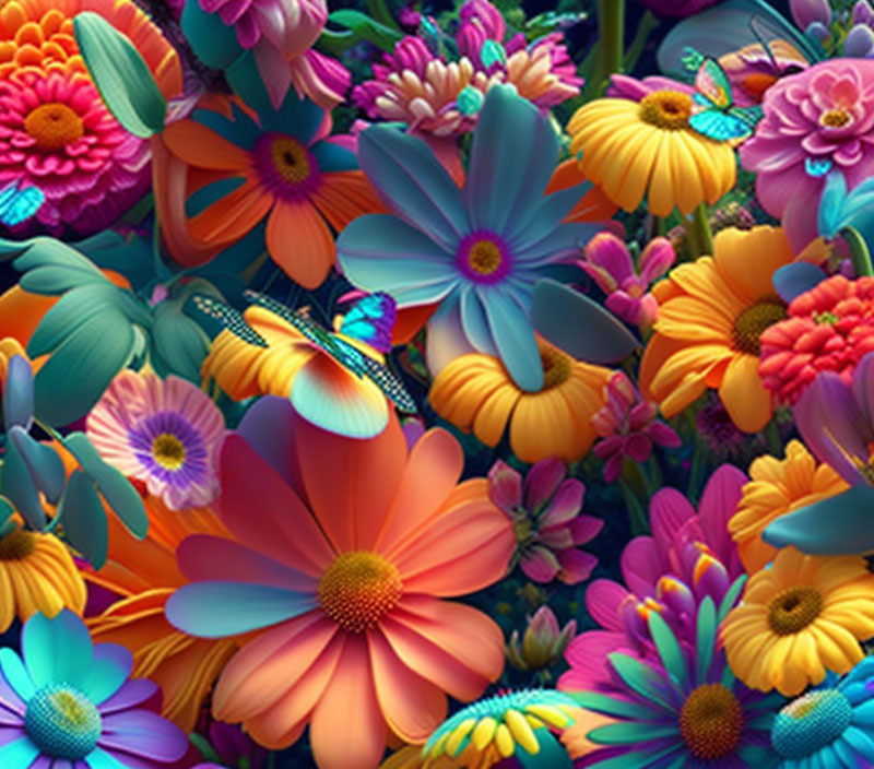 Multicolored Flowers with Hidden Butterfly Among Petals