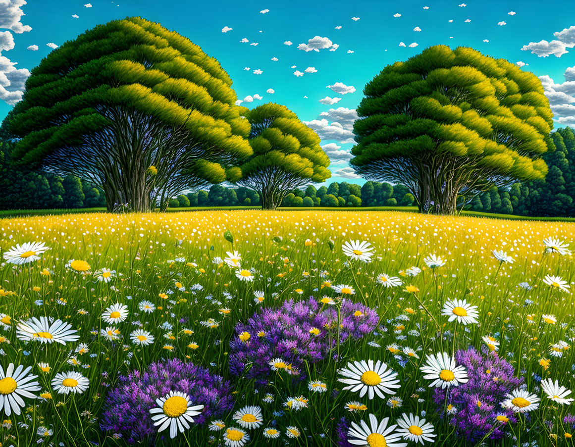 Scenic meadow with daisies, purple flowers, and green trees