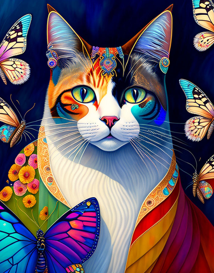 Colorful Cat Art with Butterfly Motifs on Deep Blue Background