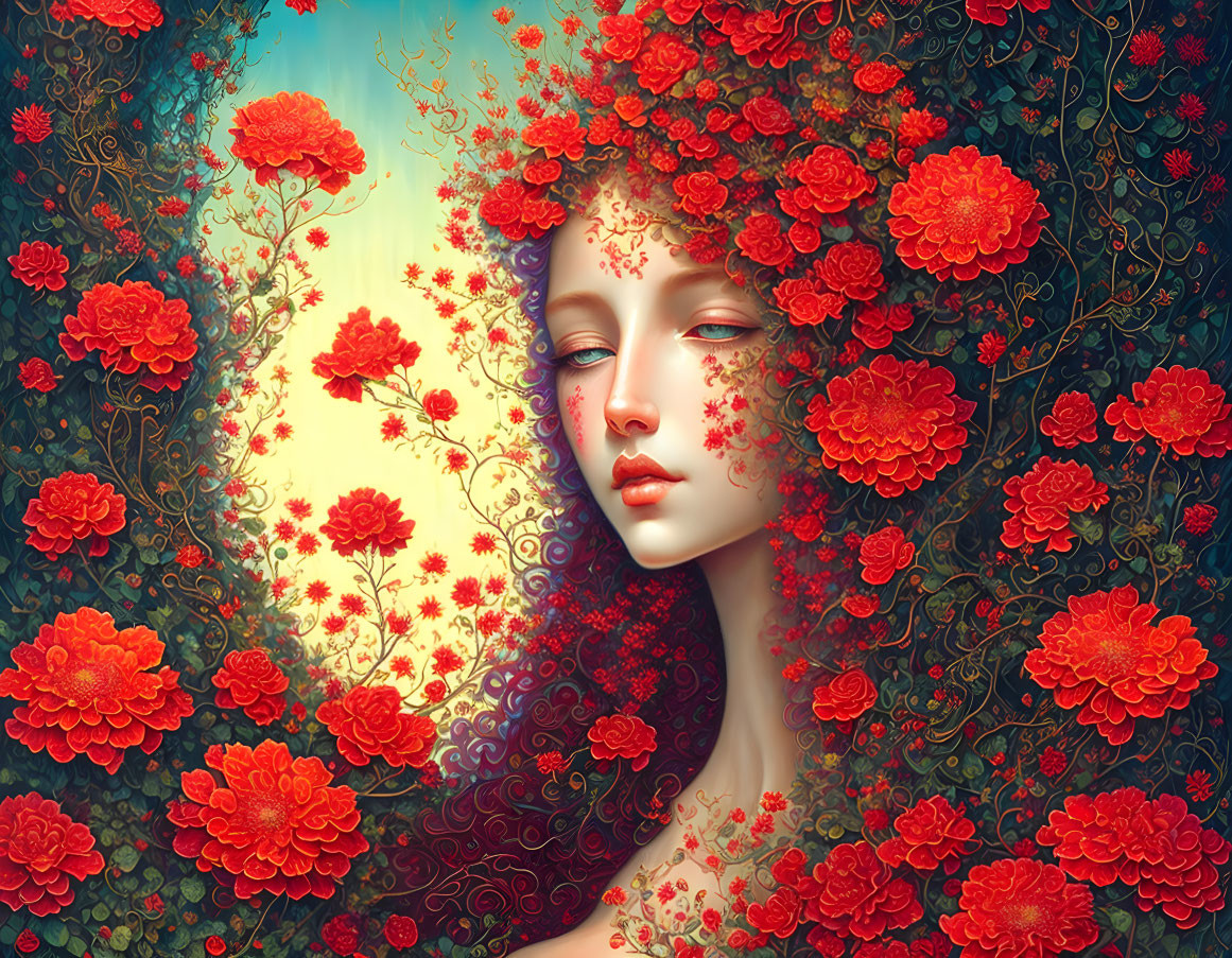 Digital Artwork: Woman with Red Flower Hair in Vibrant Floral Background