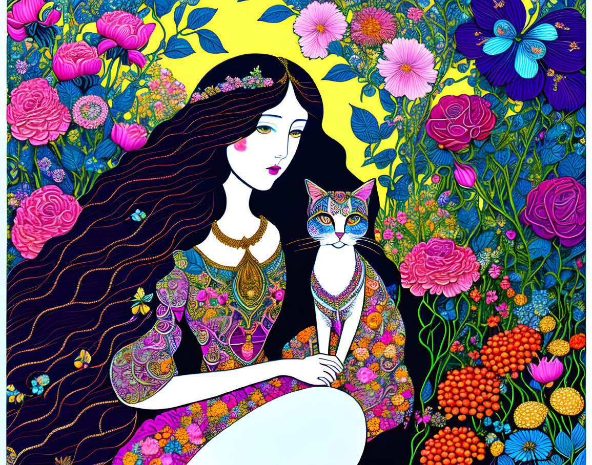 Vibrant illustration of woman with cat and flowers on blue and yellow backdrop