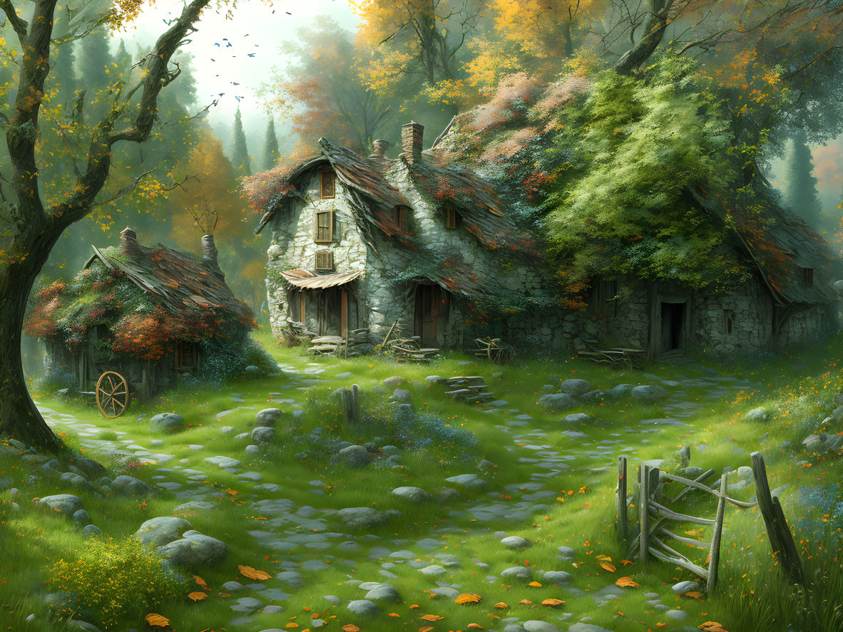 Enchanting forest clearing with moss-covered cottage and autumnal trees