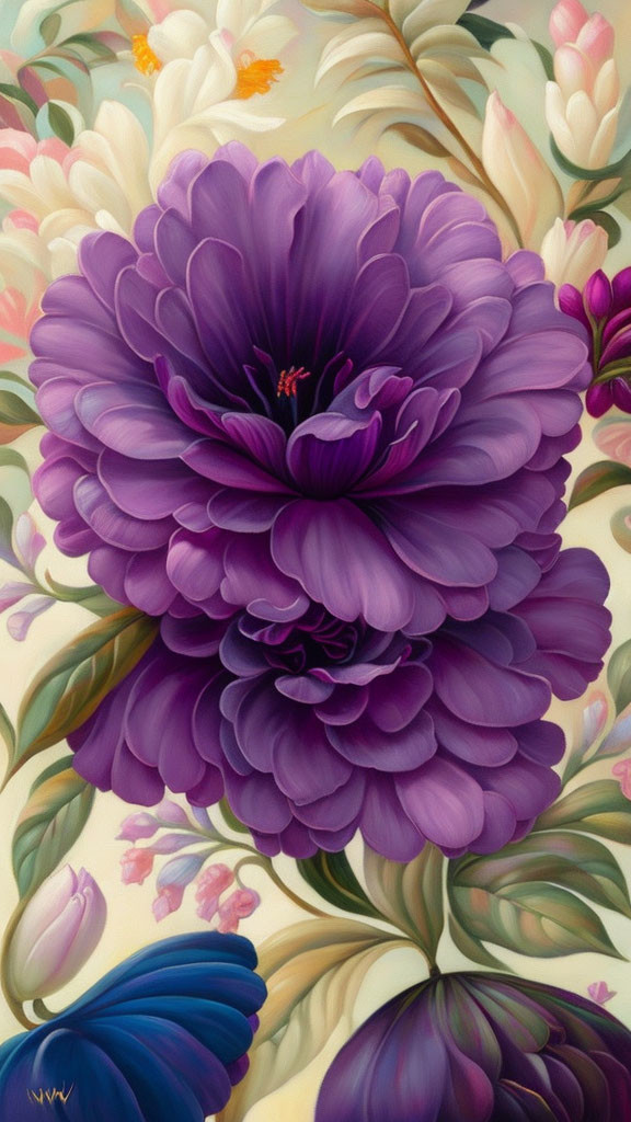 Large Purple Flower Painting Surrounded by Pastel Floral Motifs