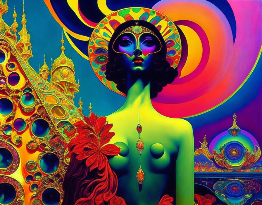 Colorful Psychedelic Artwork: Woman with Vibrant Patterns & Architectural Background