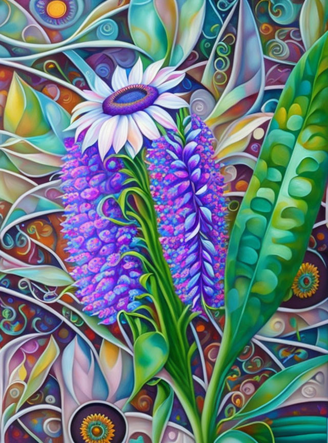 Colorful Psychedelic Flower Painting with White Petal and Purple Center