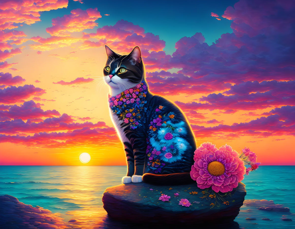 Colorful Cat with Flowers by the Sea at Sunset