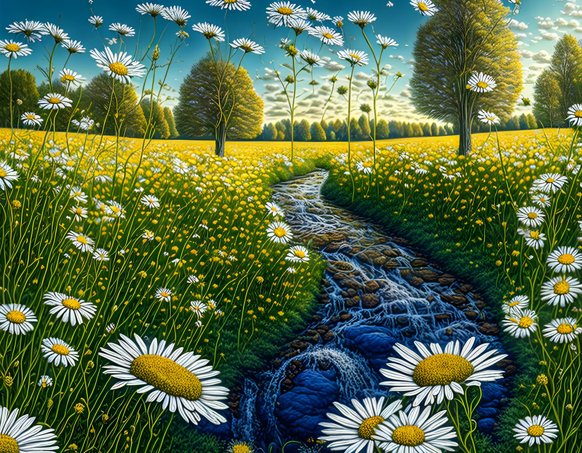 Scenic landscape with stream, daisies, trees, and sky