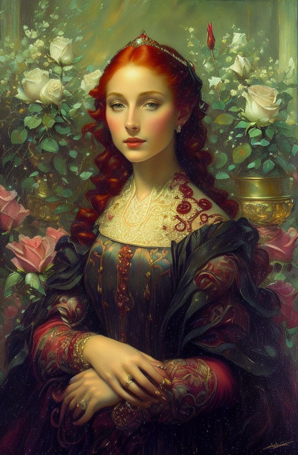 Red-haired woman in elegant dress among white roses