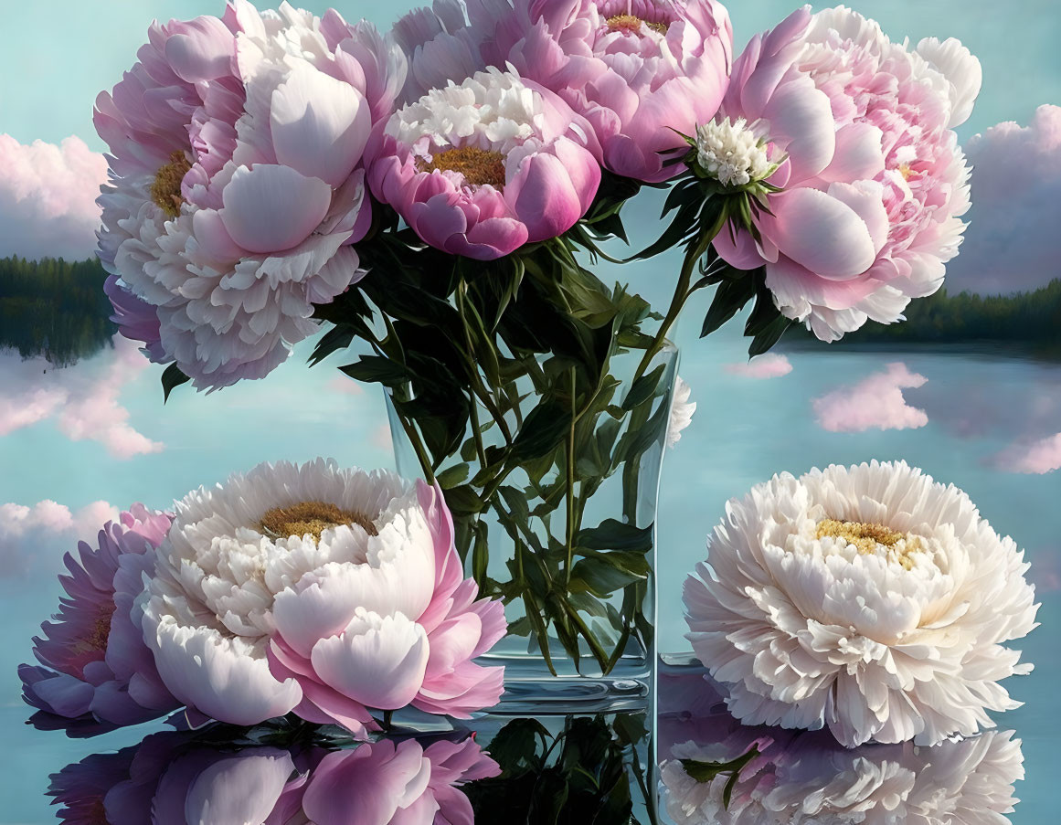 Pink and White Peonies Bouquet in Clear Vase with Lake and Forest Reflection