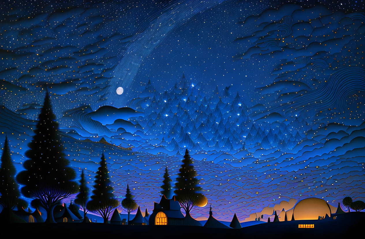 Starry night landscape with cozy house, pine trees, and hills