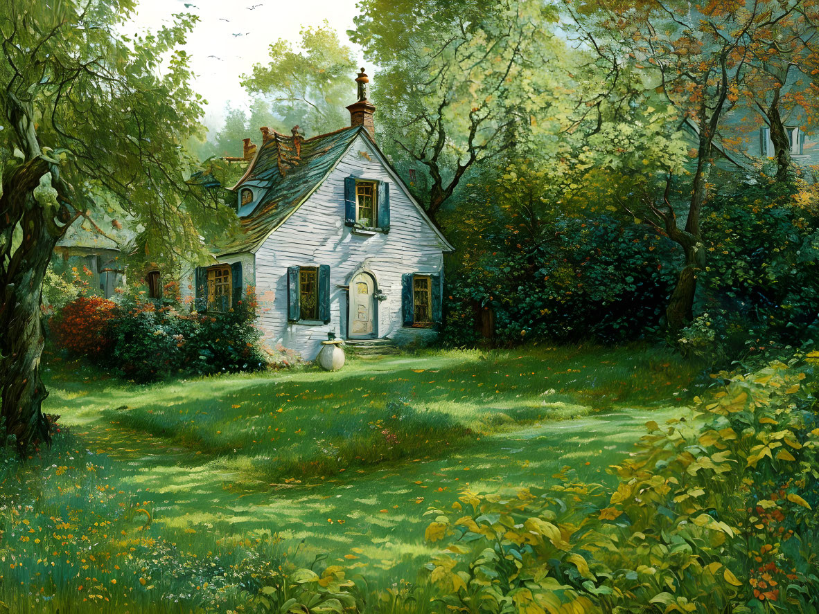 Tranquil cottage in lush green clearing