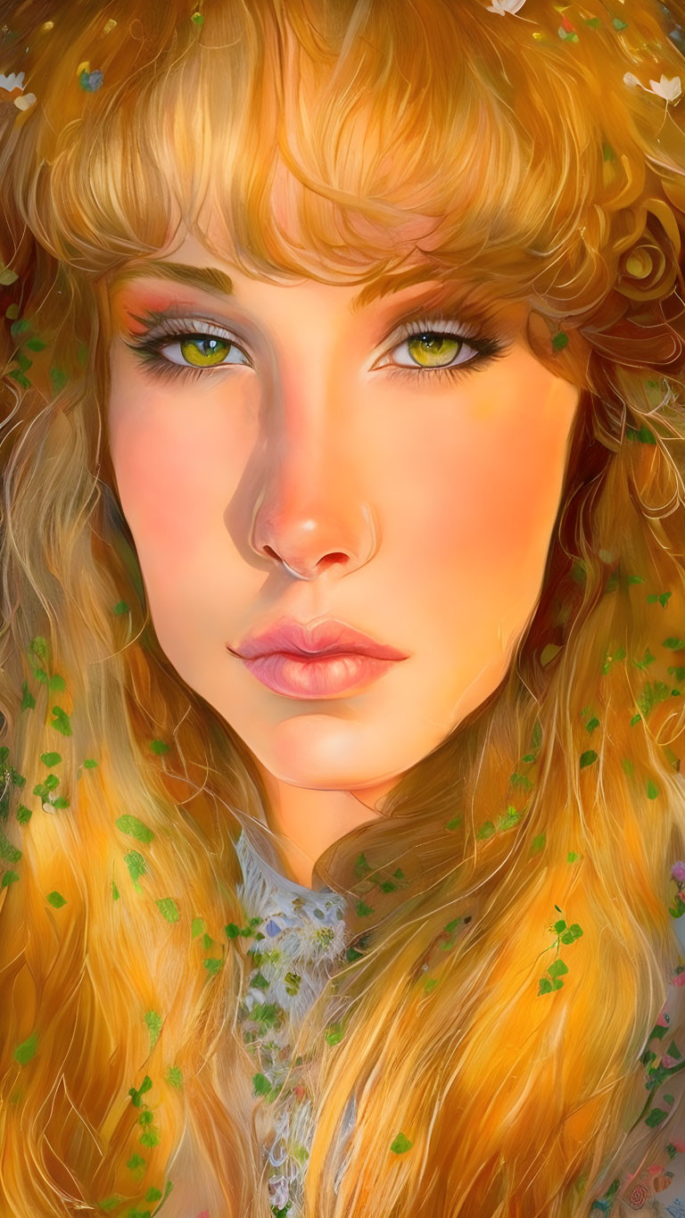 Woman's digital portrait: green-eyed blonde with floral hair, under sunlight