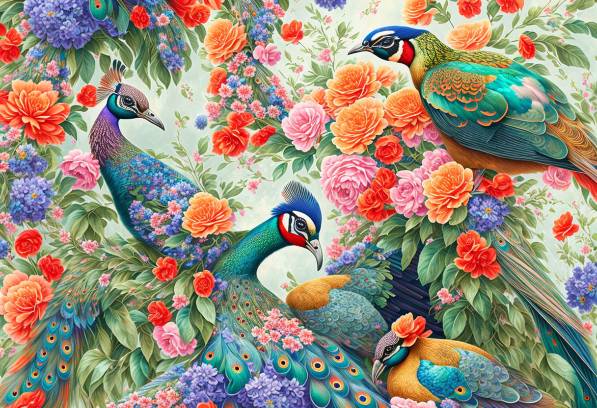 Colorful Peacock and Floral Illustration in Pink, Orange, and Red